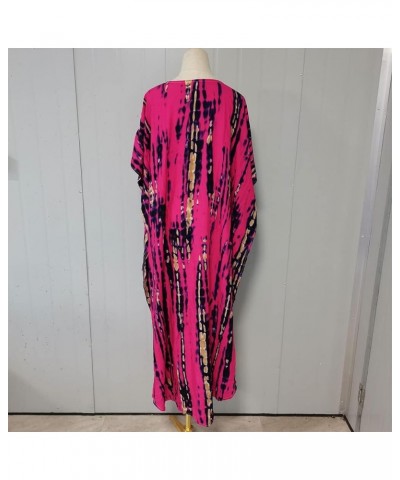 Women Kaftan Dress Multicolor Cover Up Floor Length Batwings Caftan Swimsuit One Size Modest Beach Kimono Coverup Hot Pink-bl...