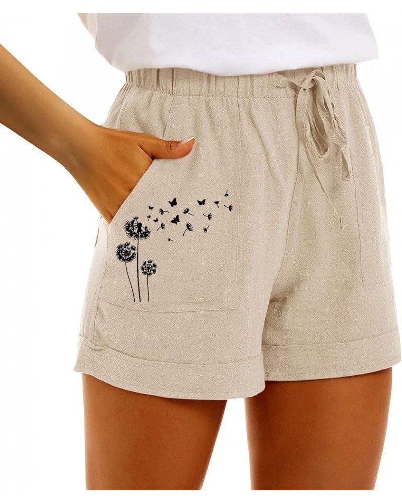 Personality Sunflower Fitted Summer Lounge Shorts for Women Linen Stretchy Waisted Folded Hem Pockets Drawstring Shorts Beige...