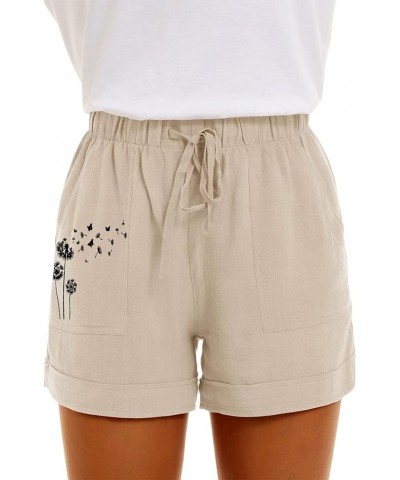 Personality Sunflower Fitted Summer Lounge Shorts for Women Linen Stretchy Waisted Folded Hem Pockets Drawstring Shorts Beige...