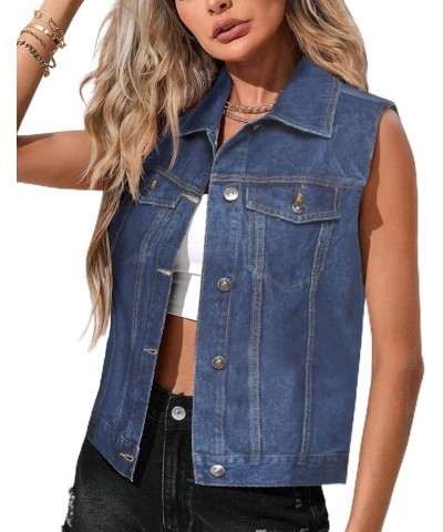 Women's Denim Vest Jean Vest Casual Sleeveless Jacket With Flap Pockets Navy Blue $23.39 Jackets