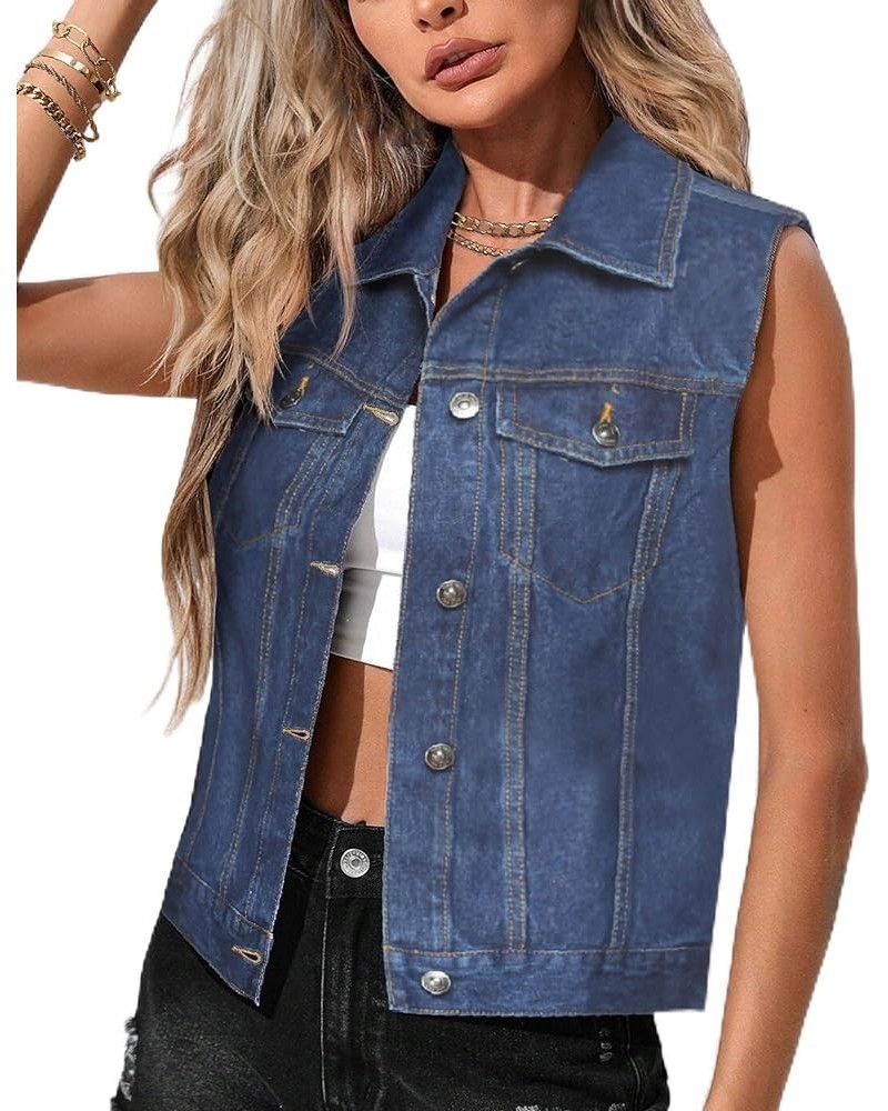 Women's Denim Vest Jean Vest Casual Sleeveless Jacket With Flap Pockets Navy Blue $23.39 Jackets