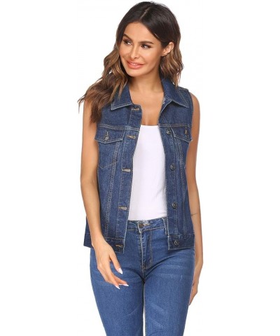 Women's Denim Vest Jean Vest Casual Sleeveless Jacket With Flap Pockets Navy Blue $23.39 Jackets