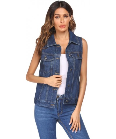 Women's Denim Vest Jean Vest Casual Sleeveless Jacket With Flap Pockets Navy Blue $23.39 Jackets