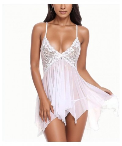 Sexy lingerie for Women Lace Babydoll Embroidery Chemise V Neck Mesh Sheer Sleepwear Handkerchief Hem Lingerie Dress White $8...