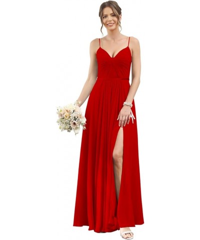 Women's Spaghetti Straps Bridesmaid Dresses Long with Pockets Pleated Formal Evening Dress with Slit YZTS075 Red $36.00 Dresses