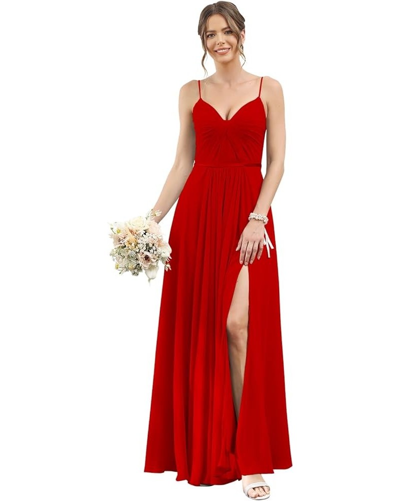 Women's Spaghetti Straps Bridesmaid Dresses Long with Pockets Pleated Formal Evening Dress with Slit YZTS075 Red $36.00 Dresses