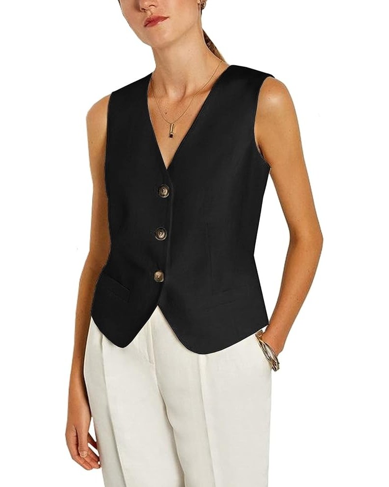 Women's Regular Fitted Vest Business Dress Suits Button Down Waistcoat Black $15.30 Vests