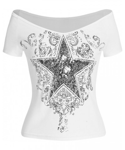 Women's Y2k Graphic Tees Crop Tops Star Print Off Shoulder Short Sleeve T Shirts White Star $12.25 T-Shirts