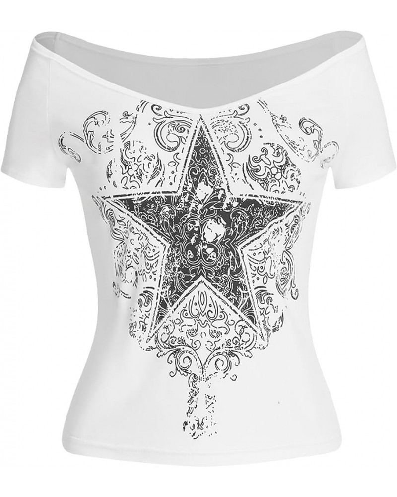 Women's Y2k Graphic Tees Crop Tops Star Print Off Shoulder Short Sleeve T Shirts White Star $12.25 T-Shirts