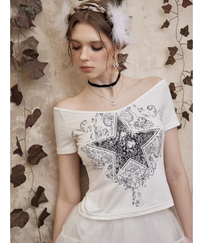 Women's Y2k Graphic Tees Crop Tops Star Print Off Shoulder Short Sleeve T Shirts White Star $12.25 T-Shirts