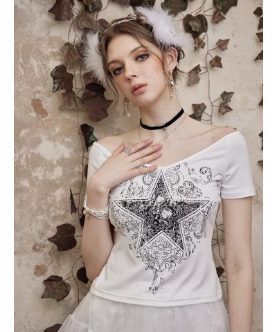 Women's Y2k Graphic Tees Crop Tops Star Print Off Shoulder Short Sleeve T Shirts White Star $12.25 T-Shirts