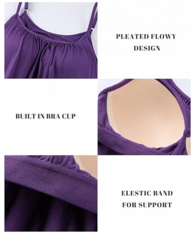 Women's Cami with Built in Bra Cup Casual Flowy Swing Pleated Tank Top with Adjustable Strap (S-4XL) A dark Purple-adjustable...