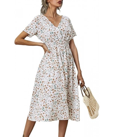 Women Summer Floral Print V-Neck Dress Short Sleeve High Waist Midi Slim-Fit A-Line Dresses Beach Streetwear White $9.71 Dresses