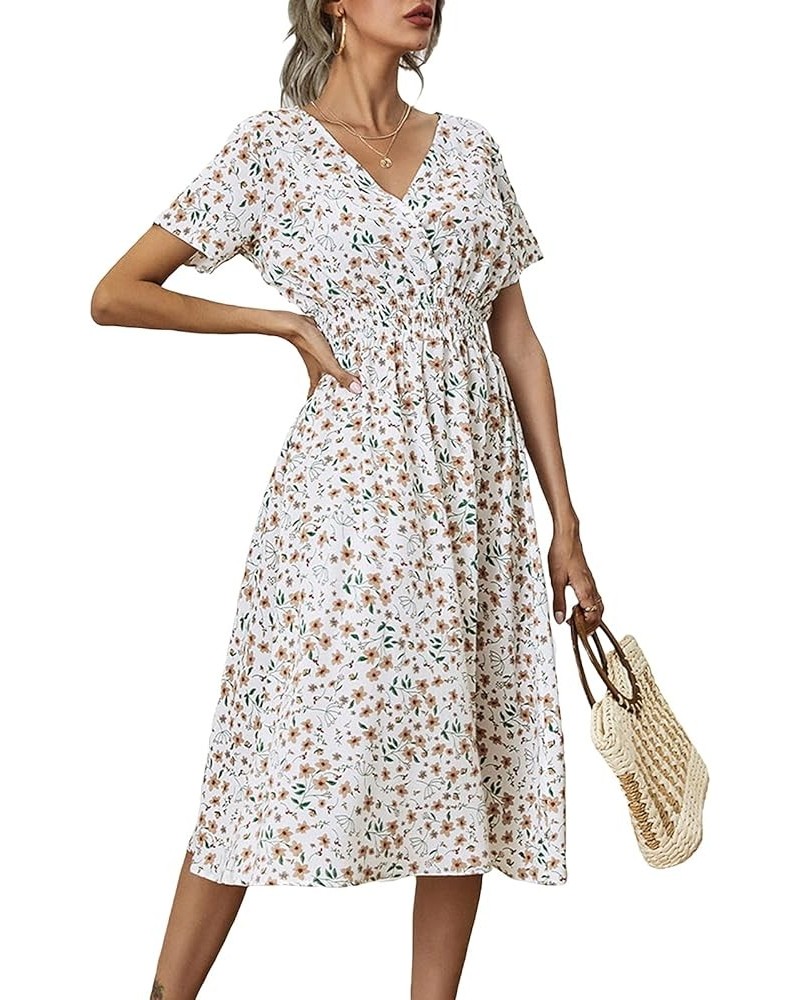 Women Summer Floral Print V-Neck Dress Short Sleeve High Waist Midi Slim-Fit A-Line Dresses Beach Streetwear White $9.71 Dresses