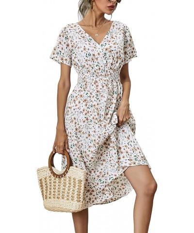 Women Summer Floral Print V-Neck Dress Short Sleeve High Waist Midi Slim-Fit A-Line Dresses Beach Streetwear White $9.71 Dresses