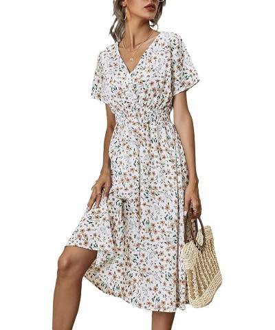 Women Summer Floral Print V-Neck Dress Short Sleeve High Waist Midi Slim-Fit A-Line Dresses Beach Streetwear White $9.71 Dresses