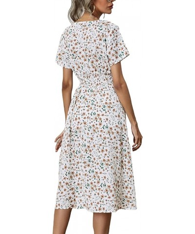 Women Summer Floral Print V-Neck Dress Short Sleeve High Waist Midi Slim-Fit A-Line Dresses Beach Streetwear White $9.71 Dresses