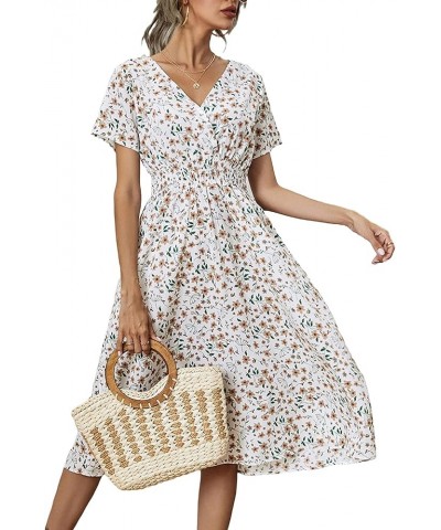 Women Summer Floral Print V-Neck Dress Short Sleeve High Waist Midi Slim-Fit A-Line Dresses Beach Streetwear White $9.71 Dresses