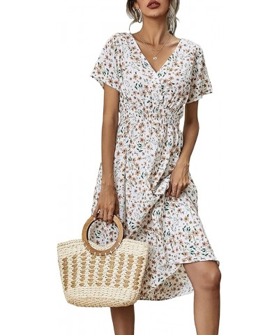 Women Summer Floral Print V-Neck Dress Short Sleeve High Waist Midi Slim-Fit A-Line Dresses Beach Streetwear White $9.71 Dresses