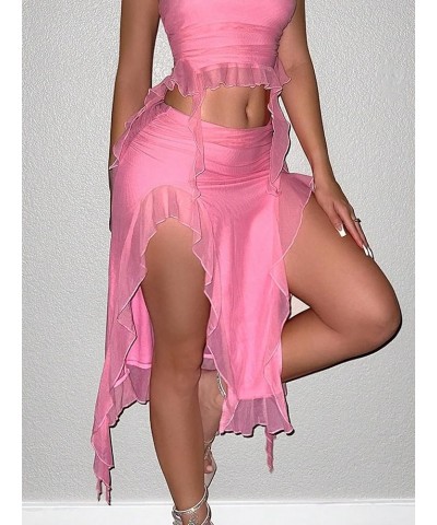 Women Ruffle Trim Mesh Ruched Midi Skirt Y2k Low Waisted Double Slit High Low Skirts Pink $12.80 Skirts