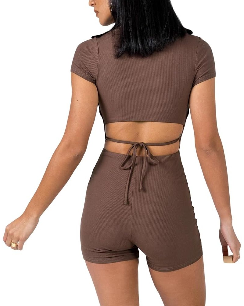 Women Short Sleeve Jumpsuit Sexy Bodycon Button Down Lapel Collared Romper One Piece Bodysuit Overall Y2K Playsuit C-brown $1...