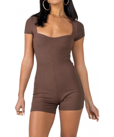 Women Short Sleeve Jumpsuit Sexy Bodycon Button Down Lapel Collared Romper One Piece Bodysuit Overall Y2K Playsuit C-brown $1...