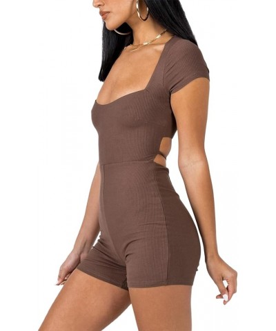 Women Short Sleeve Jumpsuit Sexy Bodycon Button Down Lapel Collared Romper One Piece Bodysuit Overall Y2K Playsuit C-brown $1...