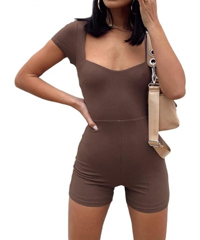 Women Short Sleeve Jumpsuit Sexy Bodycon Button Down Lapel Collared Romper One Piece Bodysuit Overall Y2K Playsuit C-brown $1...