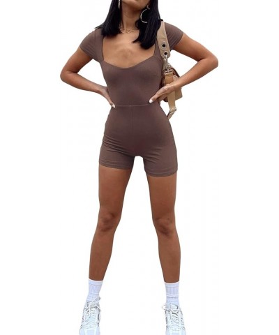 Women Short Sleeve Jumpsuit Sexy Bodycon Button Down Lapel Collared Romper One Piece Bodysuit Overall Y2K Playsuit C-brown $1...