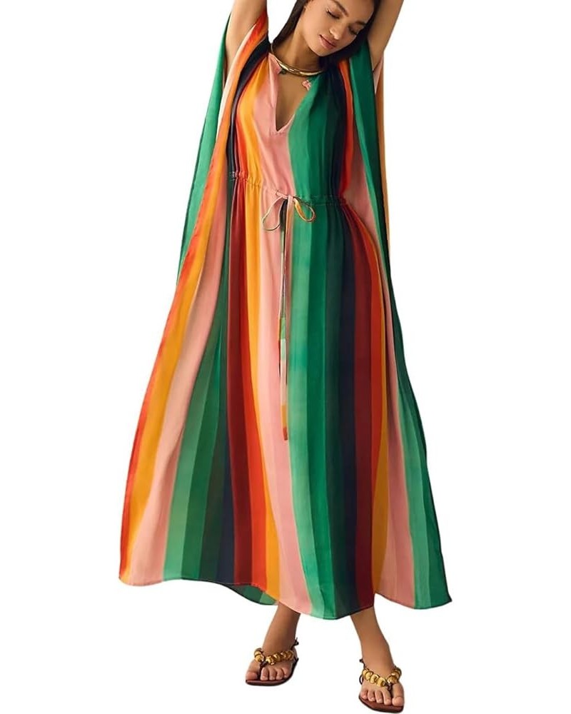 Women Beachwear Turkish Kaftans Long Swimsuit Cover up Caftan Beach Dress Colorful Stripes $20.05 Swimsuits