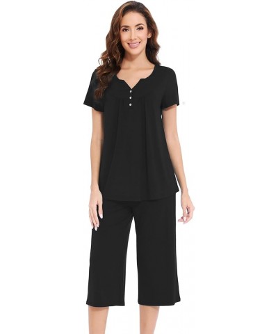 Soft Viscose Pajamas for Women Short Sleeve Pajama Sets with Capri Pants Pjs Comfy Loungewear S-XXL C-black $18.54 Sleep & Lo...