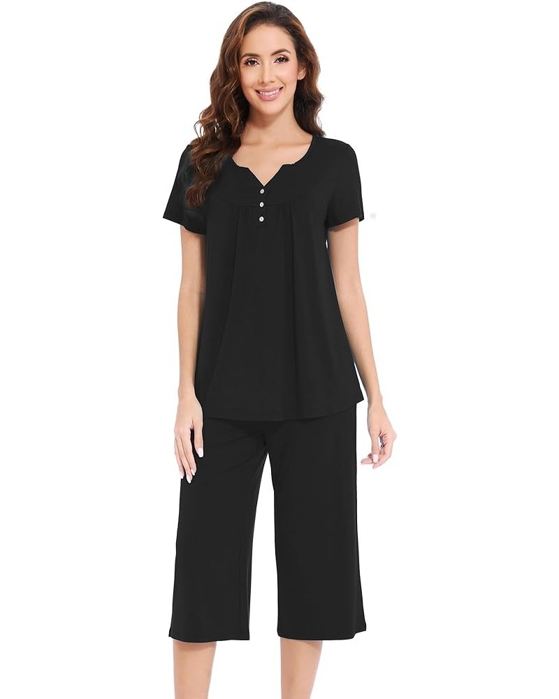 Soft Viscose Pajamas for Women Short Sleeve Pajama Sets with Capri Pants Pjs Comfy Loungewear S-XXL C-black $18.54 Sleep & Lo...