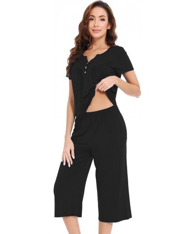 Soft Viscose Pajamas for Women Short Sleeve Pajama Sets with Capri Pants Pjs Comfy Loungewear S-XXL C-black $18.54 Sleep & Lo...