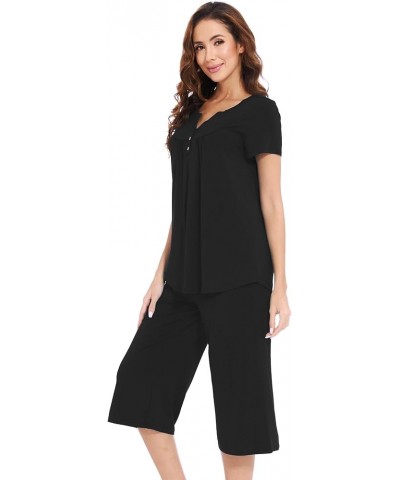 Soft Viscose Pajamas for Women Short Sleeve Pajama Sets with Capri Pants Pjs Comfy Loungewear S-XXL C-black $18.54 Sleep & Lo...