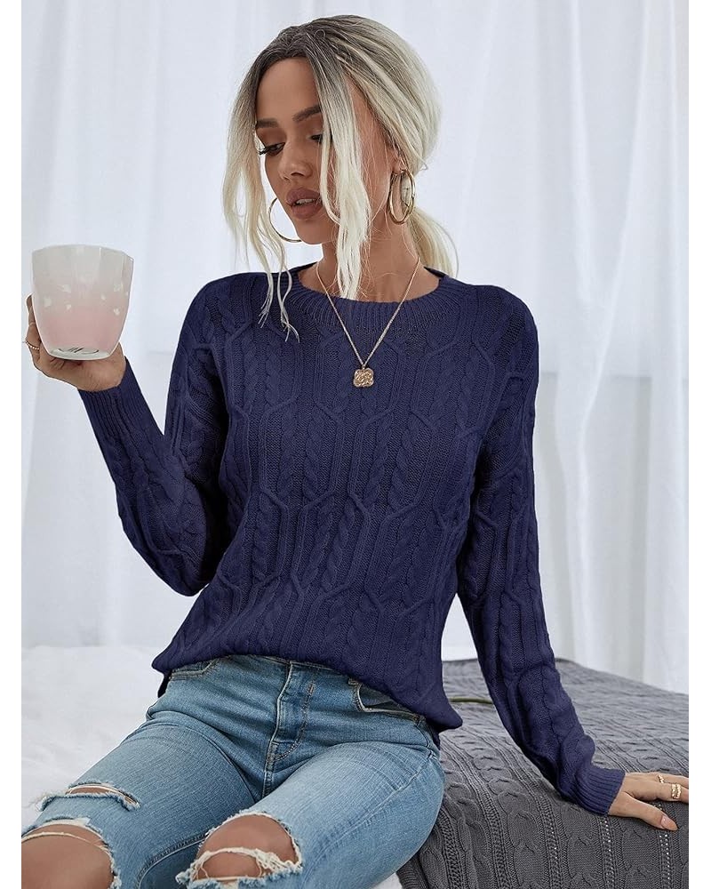 Cable Knit Drop Shoulder Sweater (Color : Lilac Purple, Size : Medium) Medium Navy Blue $20.26 Sweaters