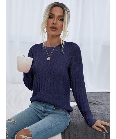 Cable Knit Drop Shoulder Sweater (Color : Lilac Purple, Size : Medium) Medium Navy Blue $20.26 Sweaters