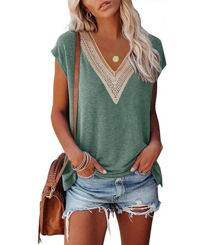 Basic Tops for Women 2023 Trendy Cap Sleeve Casual Shirts Floral Print Lace V Neck Loose Fit Blouses A Mix Green $12.50 Tanks