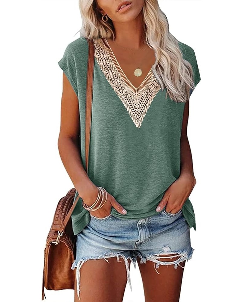 Basic Tops for Women 2023 Trendy Cap Sleeve Casual Shirts Floral Print Lace V Neck Loose Fit Blouses A Mix Green $12.50 Tanks