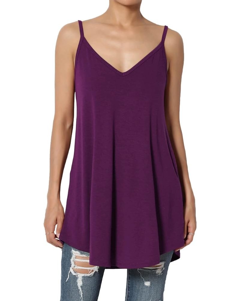 Women's Scoop V Neck Stretch Draped Jersey Flared Camisole Tunic Top Dark Plum $9.50 Tanks