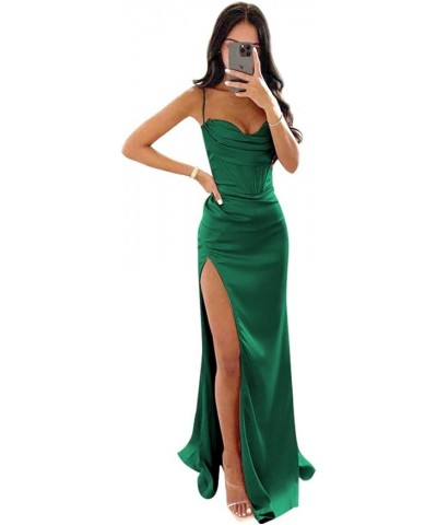 Women's Halter Prom Dresses Long 2023 Slit Satin Ruched Evening Formal Party Gown Emerald Green $35.09 Dresses