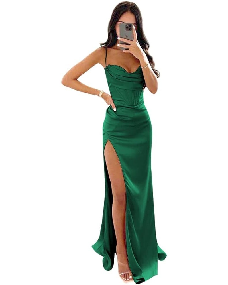 Women's Halter Prom Dresses Long 2023 Slit Satin Ruched Evening Formal Party Gown Emerald Green $35.09 Dresses