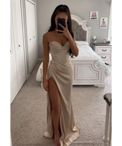 Women's Halter Prom Dresses Long 2023 Slit Satin Ruched Evening Formal Party Gown Emerald Green $35.09 Dresses