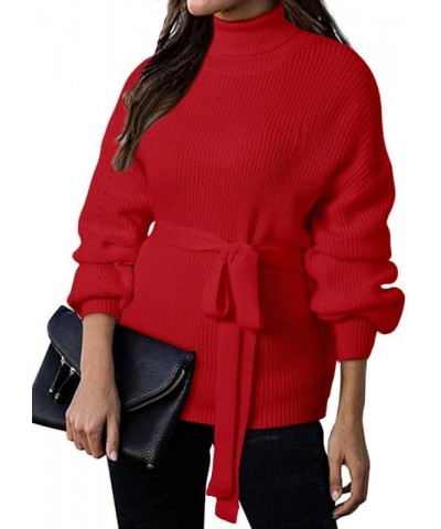 Women's Turtleneck Sweaters Long Sleeve Belted Waist Knitted Pullover Top Red $16.10 Sweaters