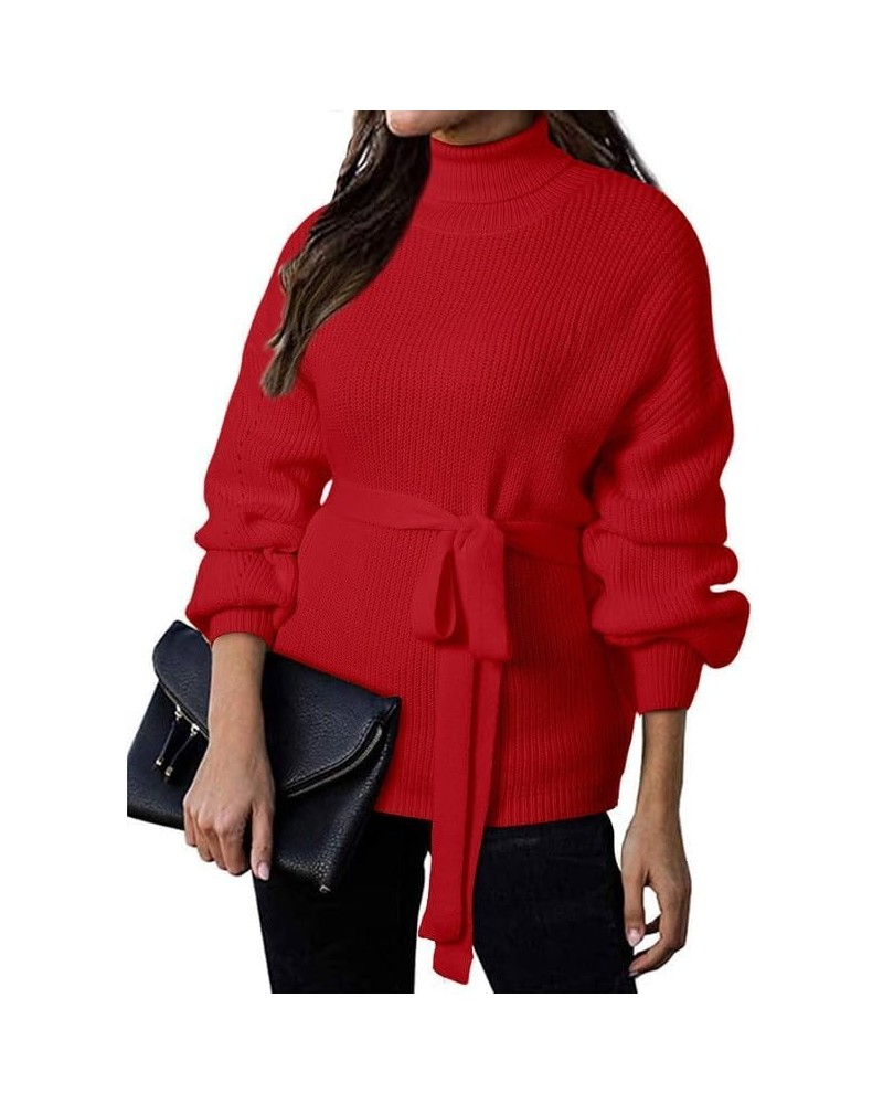 Women's Turtleneck Sweaters Long Sleeve Belted Waist Knitted Pullover Top Red $16.10 Sweaters