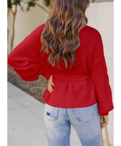 Women's Turtleneck Sweaters Long Sleeve Belted Waist Knitted Pullover Top Red $16.10 Sweaters