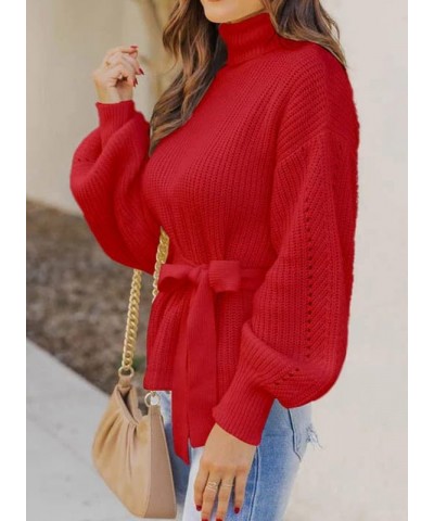 Women's Turtleneck Sweaters Long Sleeve Belted Waist Knitted Pullover Top Red $16.10 Sweaters