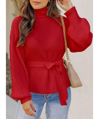 Women's Turtleneck Sweaters Long Sleeve Belted Waist Knitted Pullover Top Red $16.10 Sweaters