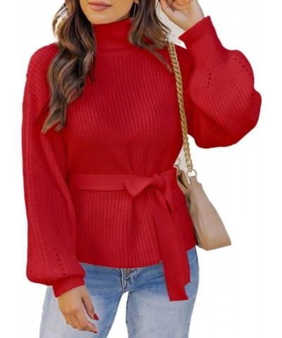 Women's Turtleneck Sweaters Long Sleeve Belted Waist Knitted Pullover Top Red $16.10 Sweaters