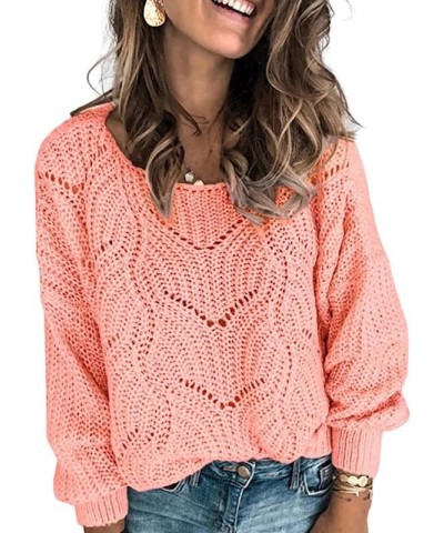 Womens 2023 Cute Elegant Soft Crewneck Long Sleeve Hollow Cable Knit Pullover Sweaters Pink $24.29 Sweaters