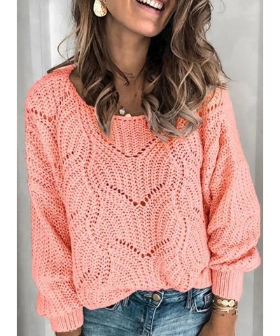 Womens 2023 Cute Elegant Soft Crewneck Long Sleeve Hollow Cable Knit Pullover Sweaters Pink $24.29 Sweaters